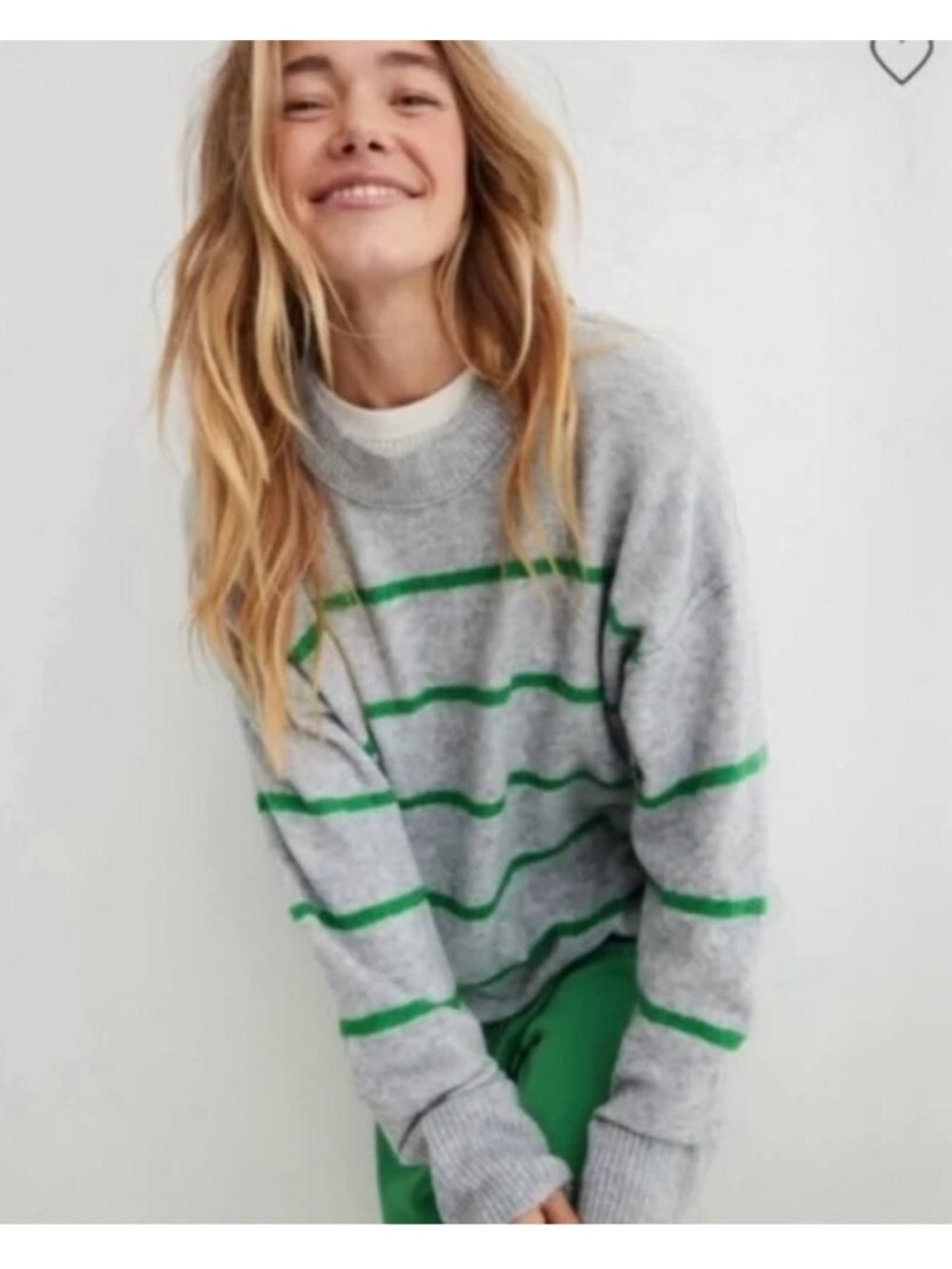 Aerie Unreal Sweater in Gray & Green Stripe Small